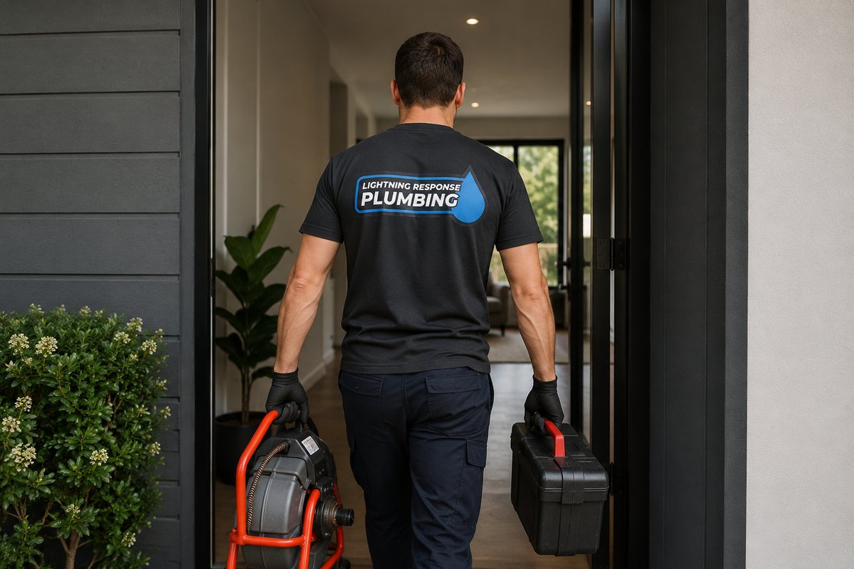 Lightning Response Plumbing drain specialist arriving at a Melbourne home with a drain cleaning machine